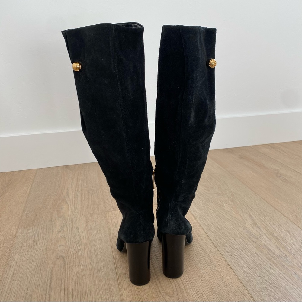 Tory Burch Black Suede Ruched Heeled Riding Boots - Picture 4 of 5